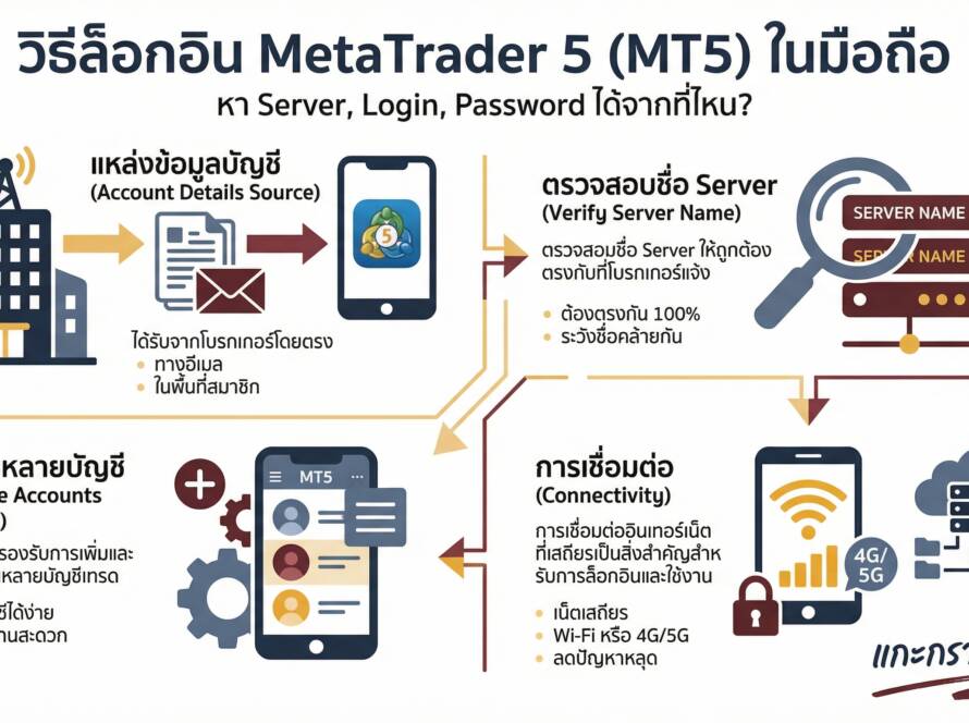 อินโฟกราฟิกสรุปเรื่อง วิธีล็อกอิน (Login) เข้าแอป MetaTrader 5 (MT5) ในมือถือ | หา Server, Login, Password จากตรงไหน?