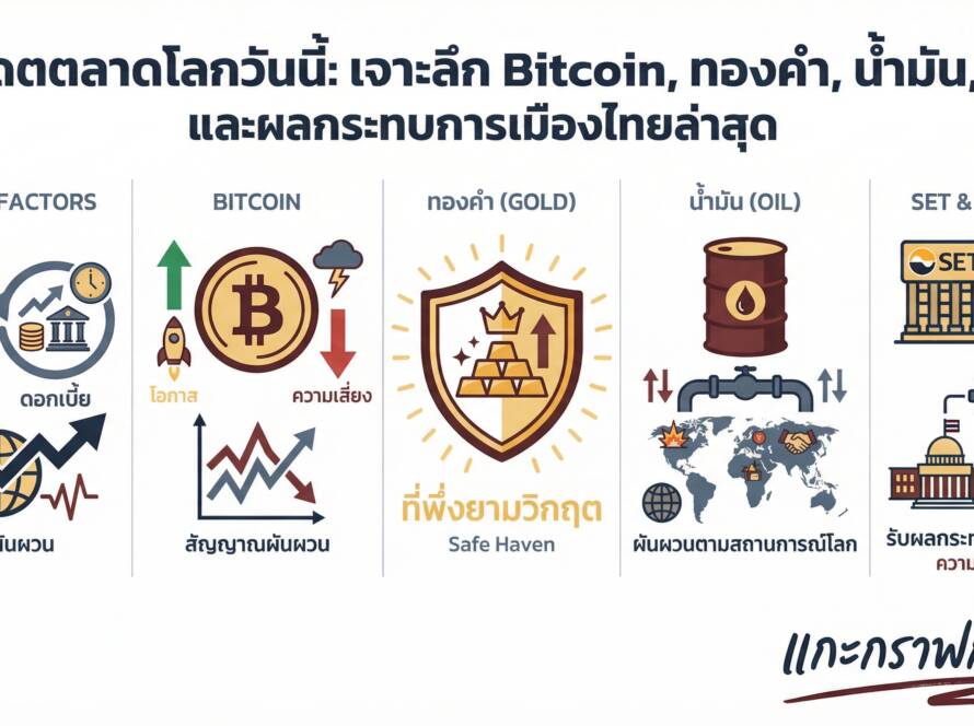 อินโฟกราฟิกสรุปเรื่อง อัปเดตตลาดโลก Bitcoin ทองคำ น้ำมัน SET และการเมืองไทยล่าสุด | แกะกราฟกับกุ๊ก