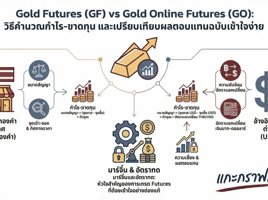 อินโฟกราฟิกสรุปเรื่อง วิธีคำนวณกำไร-ขาดทุน Gold Futures (GF) vs Gold Online Futures (GO) | ใครได้เงินเยอะกว่า?