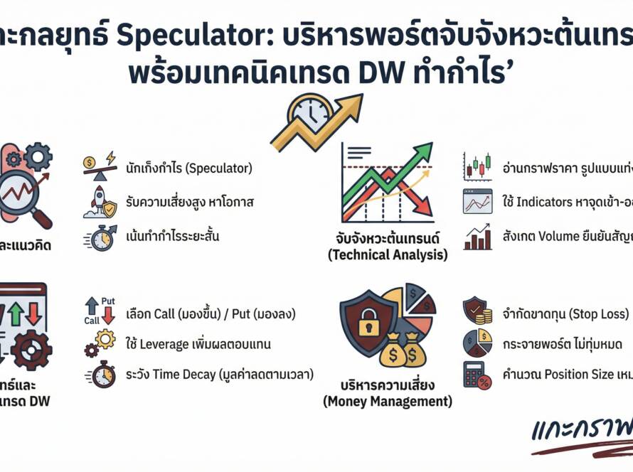 อินโฟกราฟิกสรุปเรื่อง บริหารพอร์ตสไตล์ Speculator เผยกลยุทธ์จับจังหวะต้นเทรนด์ และเทคนิคเทรด DW ให้ชนะตลาด