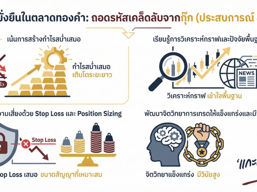 อินโฟกราฟิกสรุปเรื่อง ปีที่ 4+ กุญแจสู่กำไรยั่งยืนในตลาดทองคำ พร้อมเคล็ดลับจากกุ๊ก | แกะกราฟกับกุ๊ก