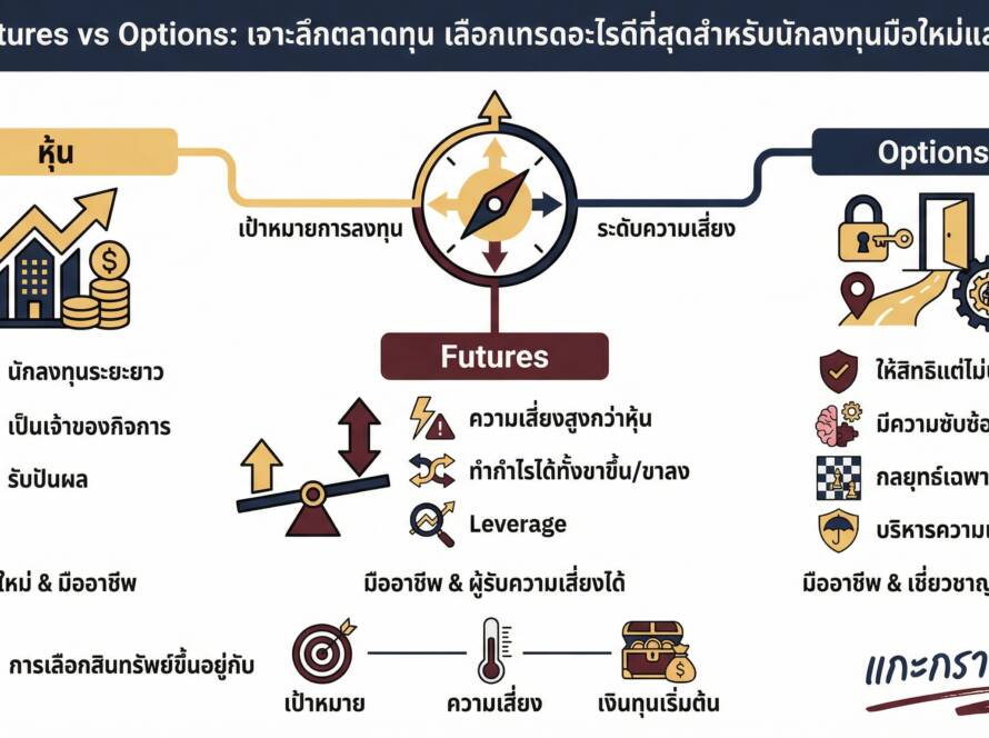 อินโฟกราฟิกสรุปเรื่อง เปรียบเทียบชัดๆ หุ้น vs Futures vs Options | เจาะลึกตลาดทุน เทรดอะไรดีที่สุด?