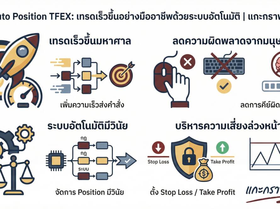อินโฟกราฟิกสรุปเรื่อง รีวิวการใช้ Auto Position ใน TFEX เพื่อการเทรดที่เร็วขึ้น | แกะกราฟกับกุ๊ก Ep.02