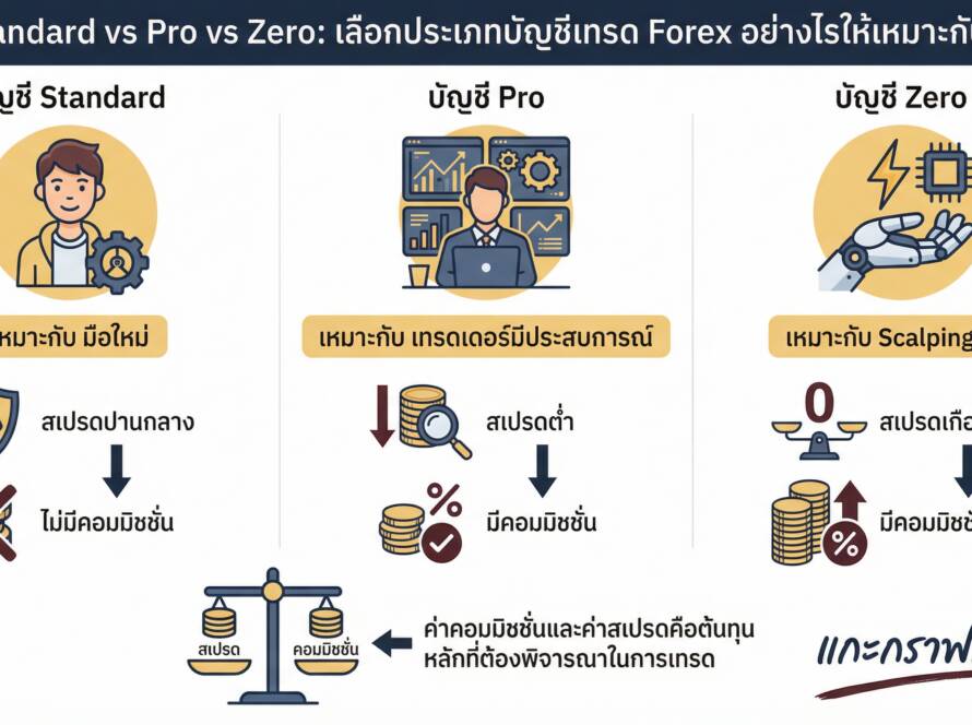 อินโฟกราฟิกสรุปเรื่อง บัญชี Standard vs Pro vs Zero ต่างกันยังไง? | เปรียบเทียบค่าคอม, ค่าสเปรด, และเงินฝากขั้นต่ำ