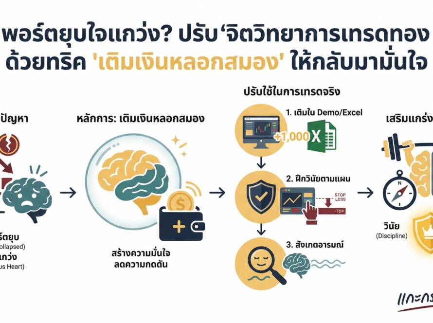 อินโฟกราฟิกสรุปเรื่อง พอร์ตยุบแล้วใจแกว่ง? ใช้ทริค "เติมเงินหลอกสมอง" แก้จิตวิทยาการเทรดทอง
