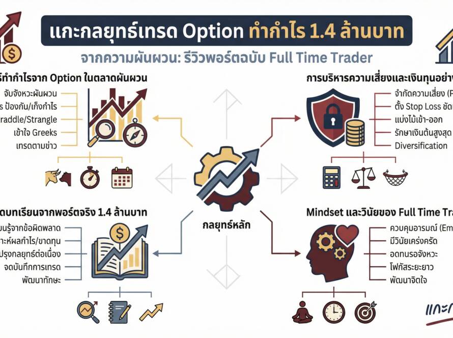 อินโฟกราฟิกสรุปเรื่อง รีวิวพอร์ต Option ปิดไตรมาส กำไร 1.4 ล้าน! เผยกลยุทธ์เทรดทำเงินจากความผันผวน (ฉบับ Full Time Trader)