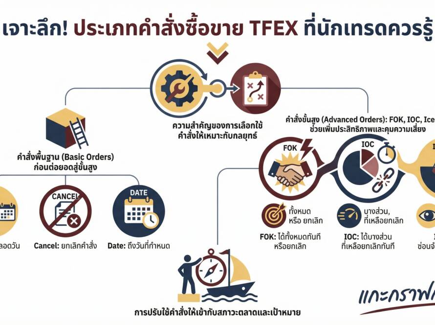 อินโฟกราฟิกสรุปเรื่อง EP12/2 ประเภทคำสั่งซื้อขาย สำหรับคนเทรด TFEX (Day, Cancel, Date, FOK, IOC, Iceberg) | แกะกราฟกับกุ๊ก