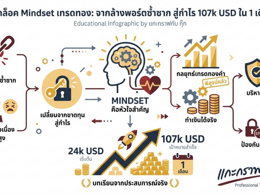 อินโฟกราฟิกสรุปเรื่อง ล้างพอร์ตซ้ำซากสู่กำไร ปั้นจาก 24k usd ไป 107k !! usd ใน 1 เดือน ปลดล็อค Mindset เทรดทองเปลี่ยนชีวิต