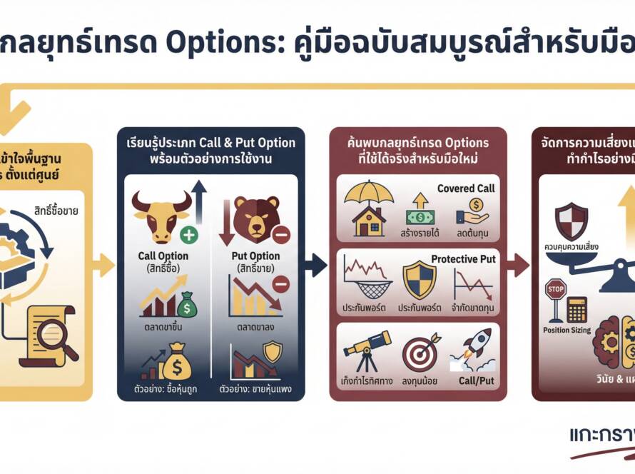 อินโฟกราฟิกสรุปเรื่อง สอนเทรด Options ตั้งแต่พื้นฐานจนถึงเทคนิค | เข้าใจง่ายสำหรับมือใหม่ | แกะกราฟกับกุ๊ก