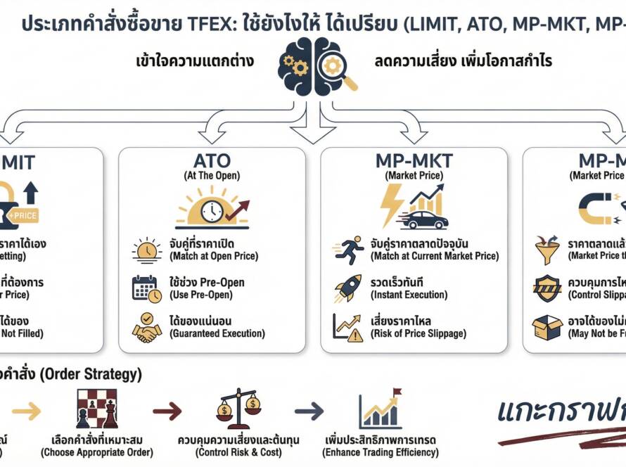 อินโฟกราฟิกสรุปเรื่อง Ep12/1 ประเภทคำสั่งซื้อขาย สำหรับคนเทรด TFEX ใช้ยังไง (LIMIT, ATO, MP-MKT, MP-MTL) | แกะกราฟกับกุ๊ก