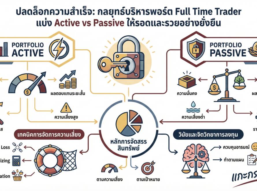 อินโฟกราฟิกสรุปเรื่อง วิธีบริหารพอร์ต Full Time Trader | แบ่งพอร์ต Active vs Passive ยังไงให้รอดและรวย