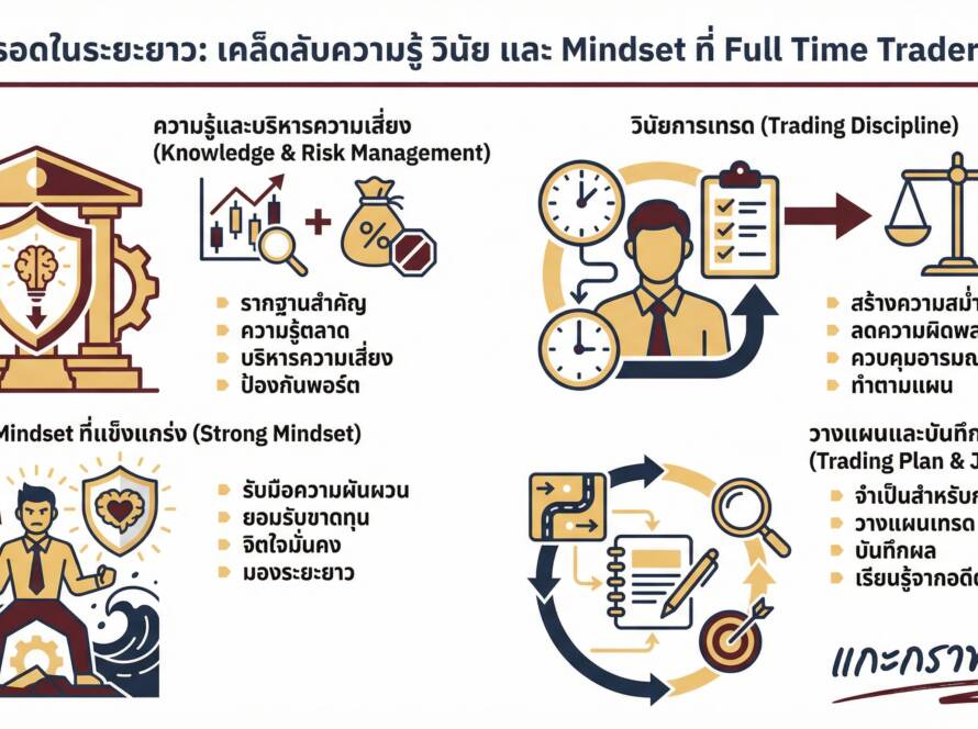 อินโฟกราฟิกสรุปเรื่อง สิ่งที่ต้องมีถ้าอยากเทรดรอดในระยะยาว ความรู้ วินัย และ Mindset สำหรับ Full Time Trader